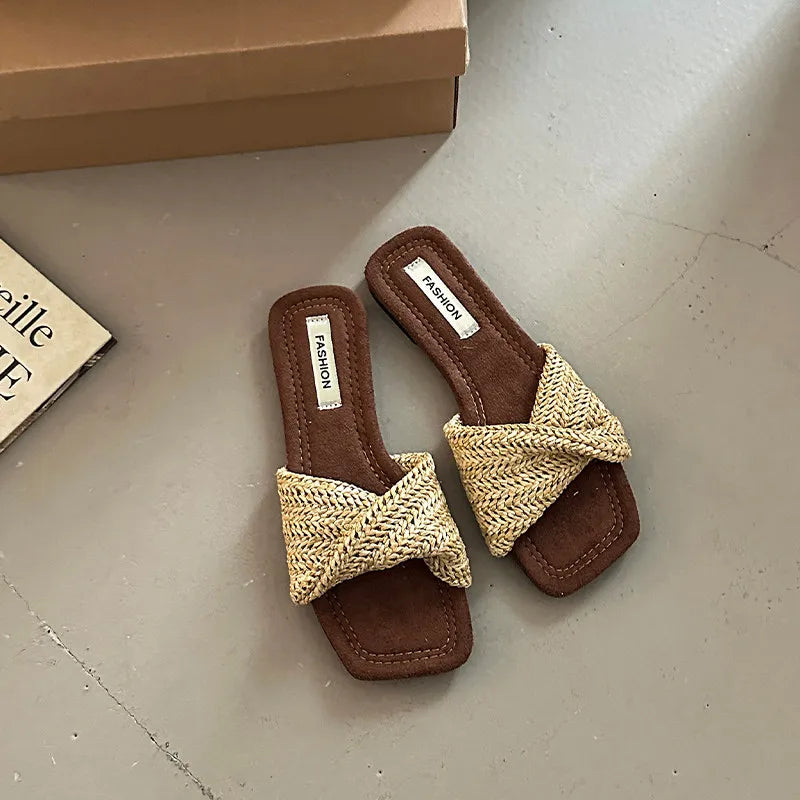 Women's Vintage Woven Flat Slides – Clip-Toe Beach Slippers