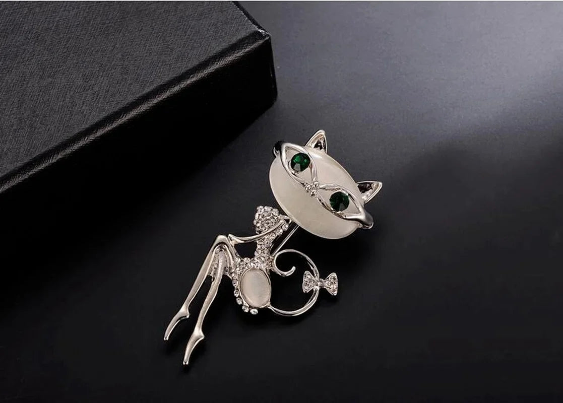 Opal Cat Eye Stone Brooch – Crystal Kitten Pin for Women