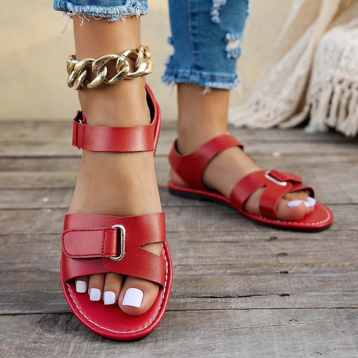 Women's Flat Sandals – Metal Buckle Open Toe Beach Roman Shoes