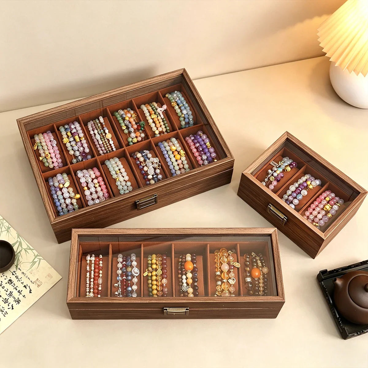 Wooden Bracelet Multi Slot Jewelry Storage Box Velvet Lined Bead
