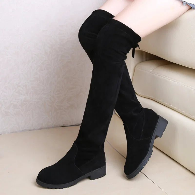 Women's Winter Knee-High Lace-Up Velvet Wedge Boots