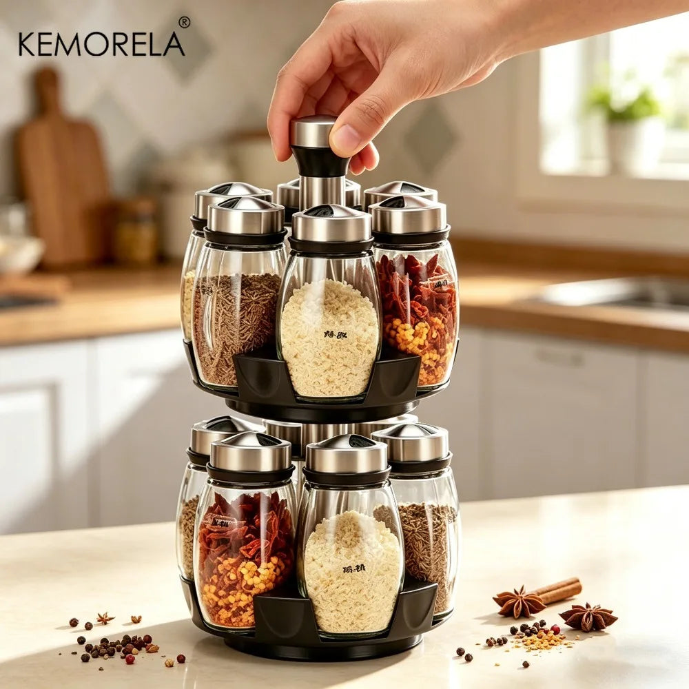 Rotating Glass Spice Jar Rack – KEMORELA Kitchen Organizer