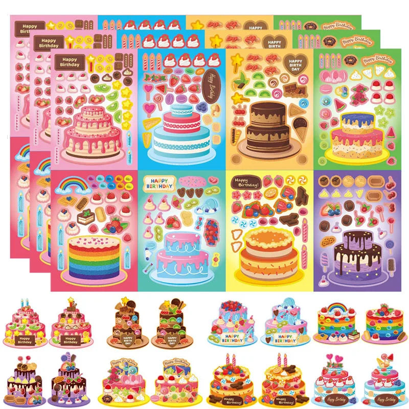 Puzzle Assemble Birthday Cake Stickers Sheets Kids Children Party