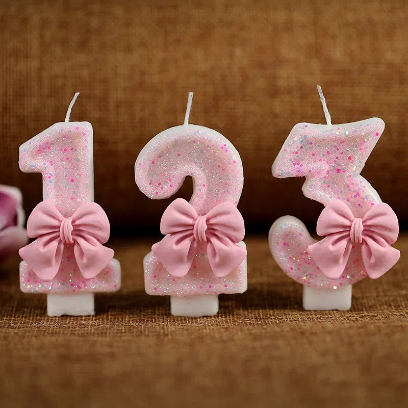 Cute Pink Bow 3D Number Cake Candles Birthday Party Decorations