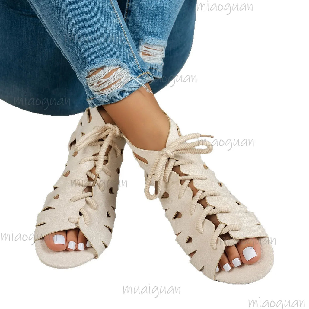 Women's Retro Lace-Up Flat Sandals – Hollow Roman Beach Shoes