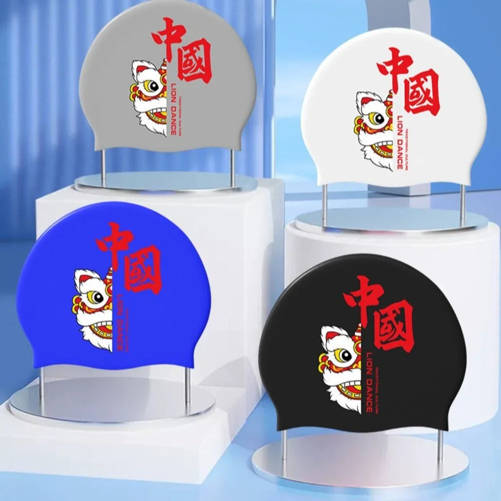 Lion Dance Waterproof Silicone Swimming Cap – Adult Long Hair
