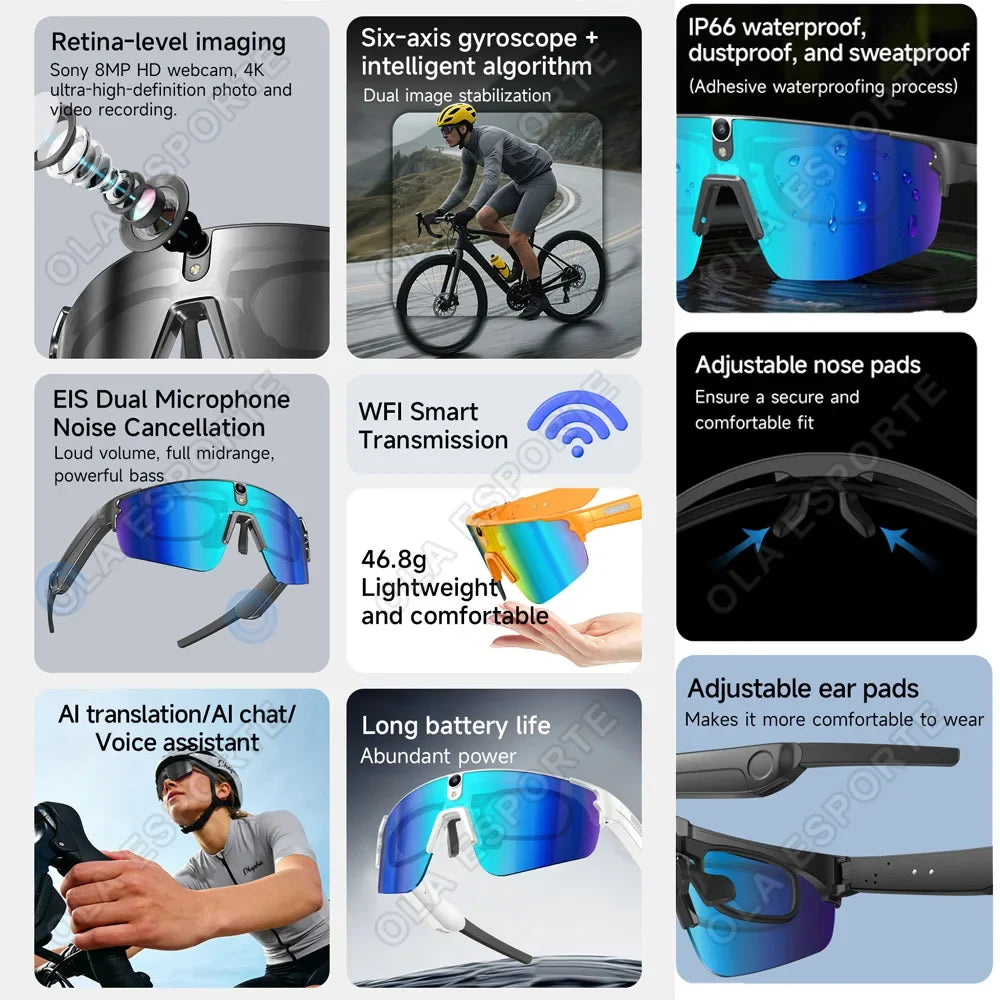 AI Smart Cycling Glasses Men 800W Camera Video Translation Sunglasses
