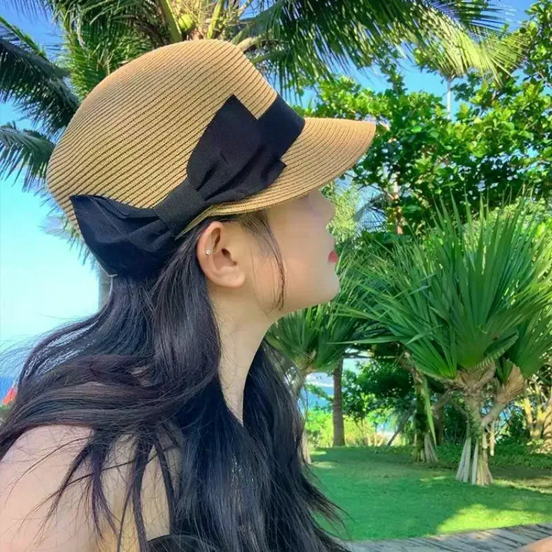 Women's Vintage Straw Sun Hat – French Flat Top Bow Beach Cap