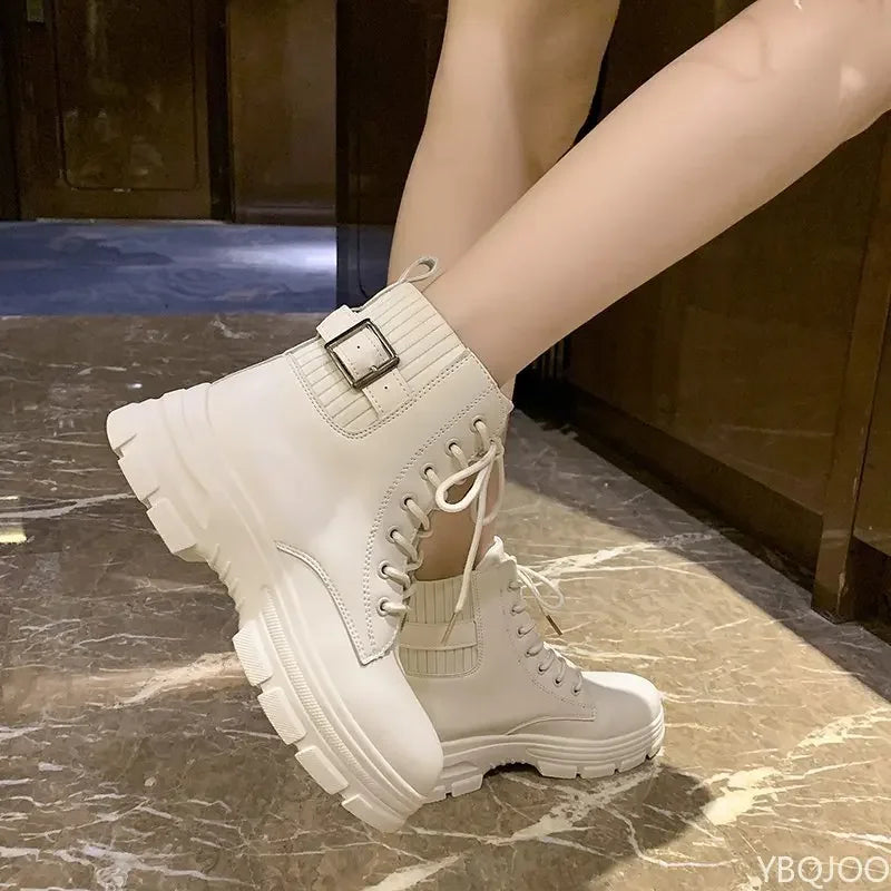 Women's Belt Buckle Ankle Boots – Soft Sole Lace-Up Shoes