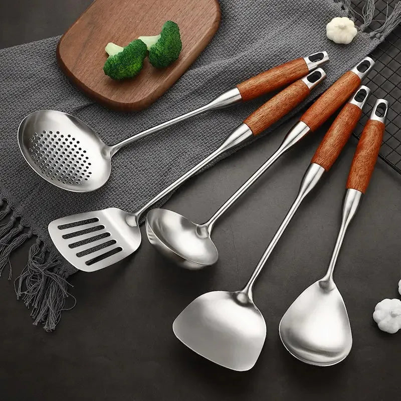 4-Piece Stainless Steel Cooking Utensil Set – Wooden Handle