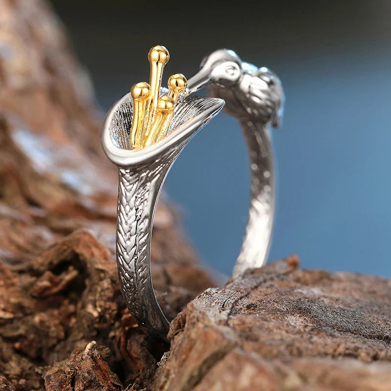 Huitan Bird & Flower Two-Tone Brass Ring for Women – Sizes 5–14