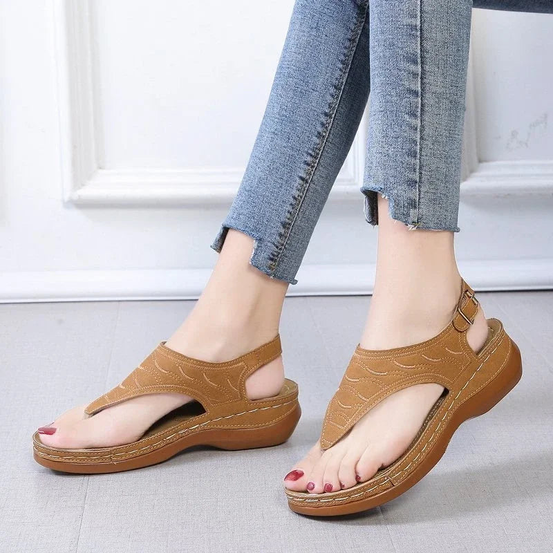 Women's PU Leather Flat Sandals – Buckle Strap Roman Slides