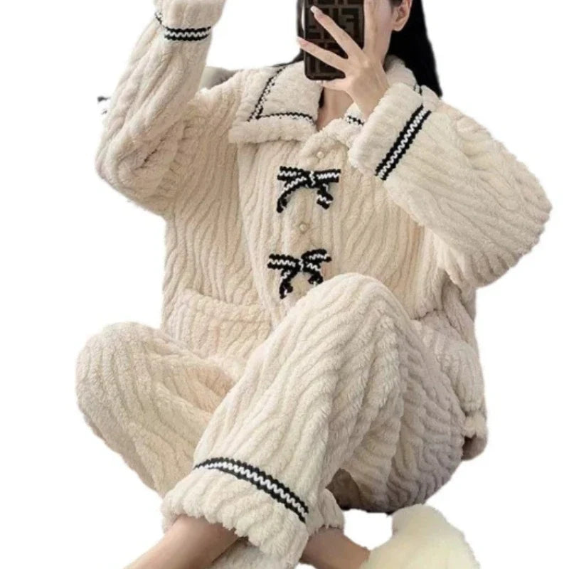 Women's Bow Pajama Set – Warm Thick Winter Sleepwear 2-Piece