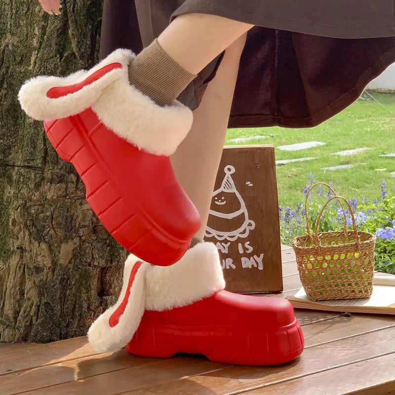 Women's Rabbit Ear Plush Platform Slippers – Waterproof Winter