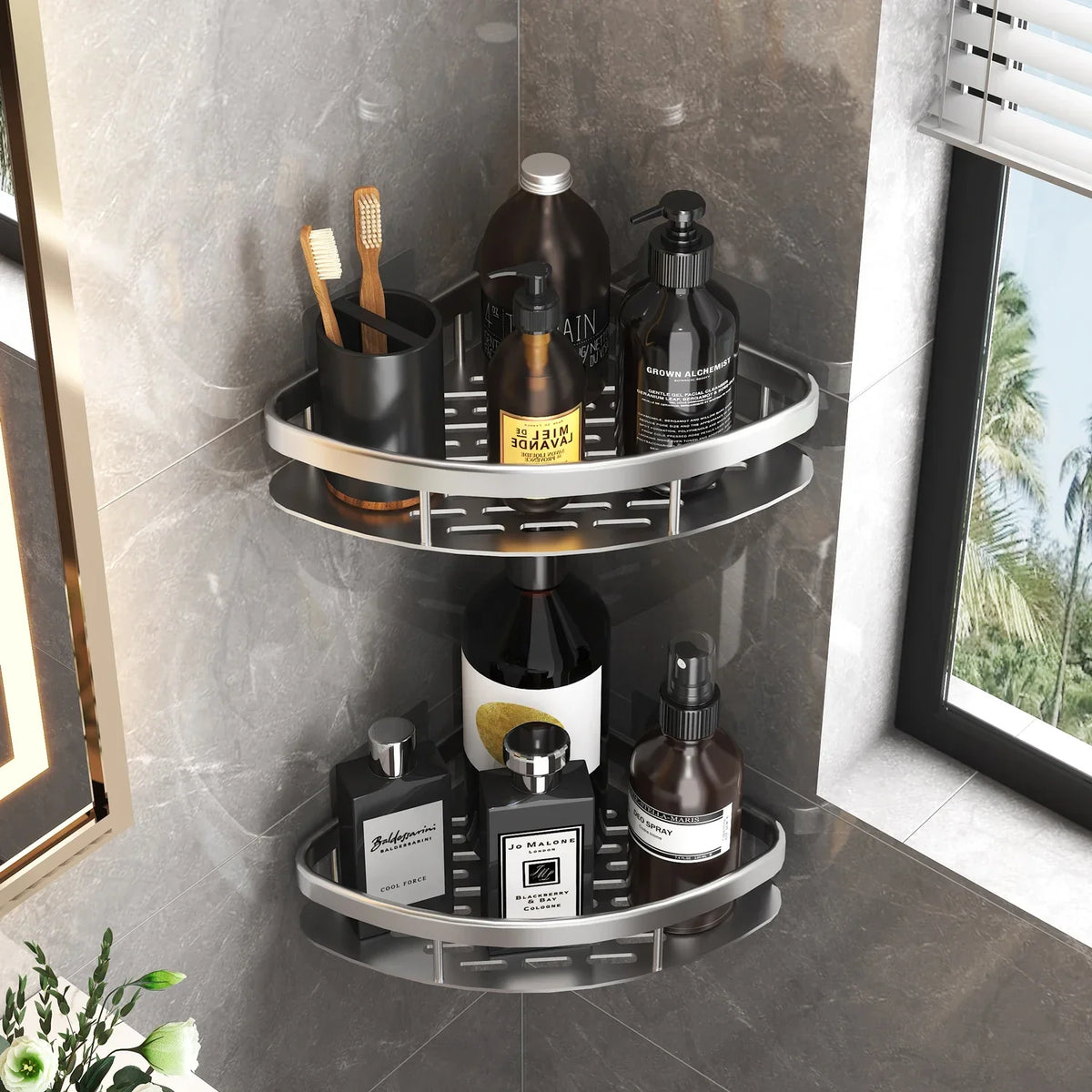 No-Drill Aluminum Corner Shower Shelf | Bathroom Organizer