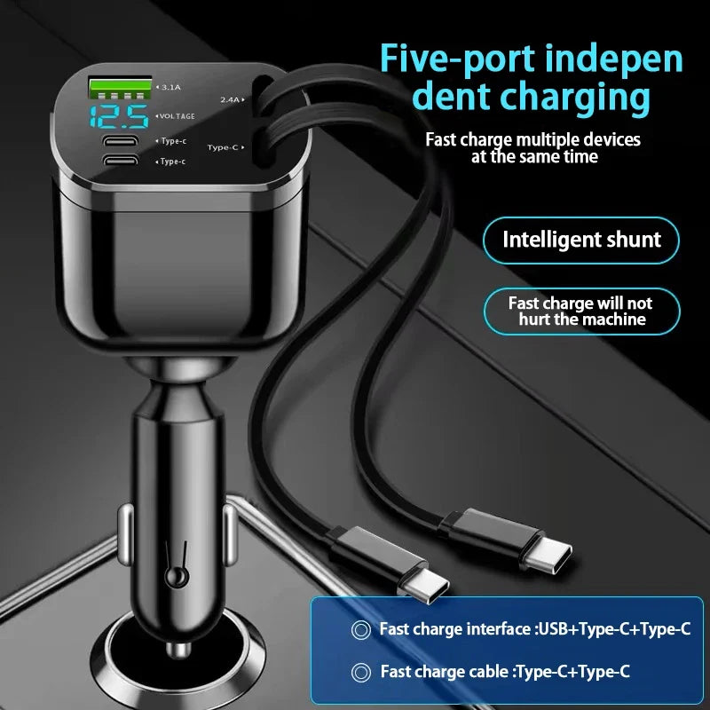 Elough 5-in-1 Retractable Car Charger – 30W Fast Charging