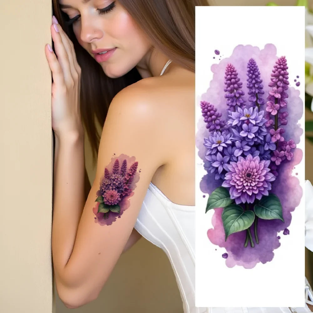 9pc Temporary Tattoos – Lotus, Green Leaves & Pink Blossoms