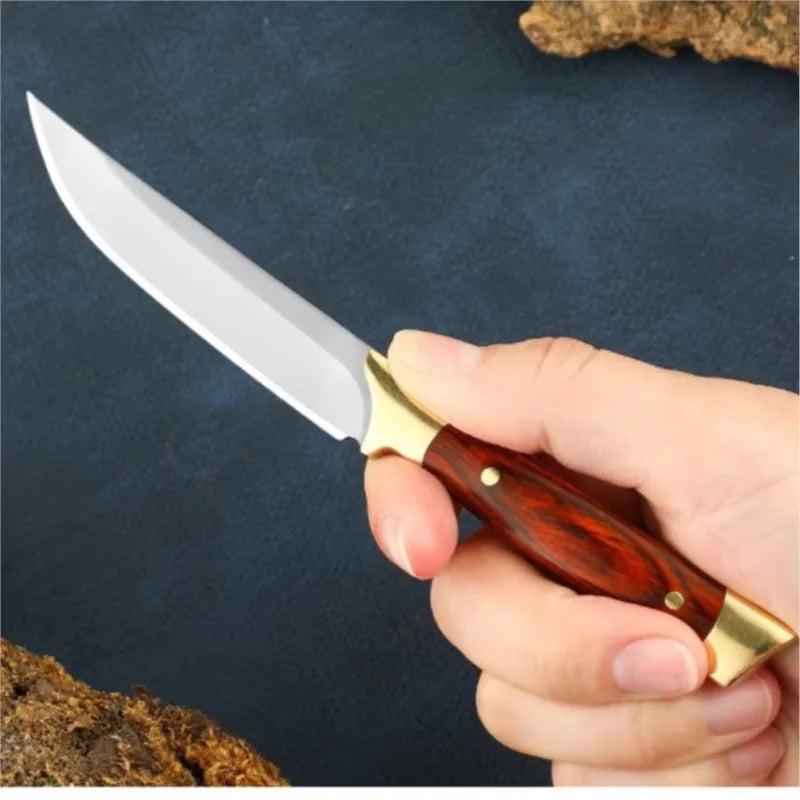 Steel Fixed Blade Utility Knife with Sheath – Wood Handle