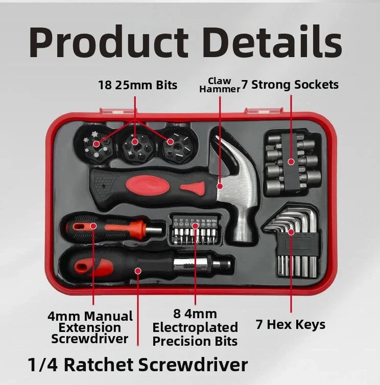 43-Piece Home Tool Kit – Hammer, Ratchet, Wrenches & Sockets