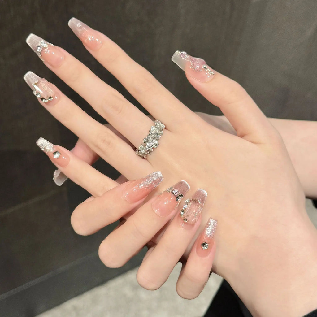Pink Rhinestone Press On Nails – French Cat Eye 10pcs Set