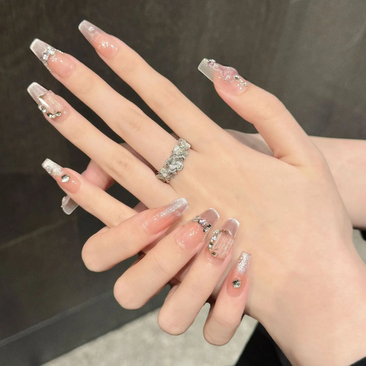 Pink Rhinestone Press On Nails – French Cat Eye 10pcs Set