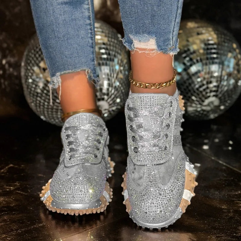 Women's Rhinestone Platform Sneakers – Diamond Mesh Casual Shoes