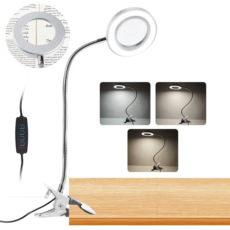 10X Folding Magnifying Glass Clip Desk Lamp with LED Light