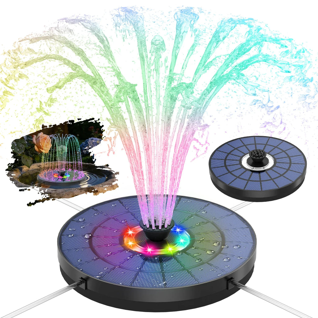 5.5W Solar Water Fountain – 8 LED Lights & 8 Nozzles, Battery