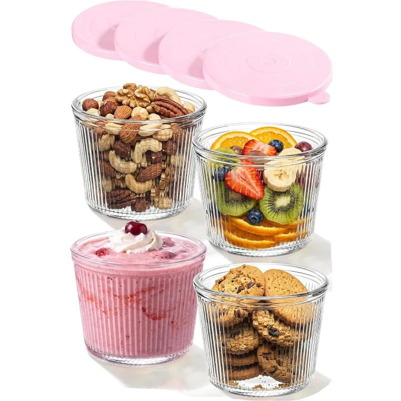 KEMORELA Glass Bowls with Lids – Stackable Striped Set