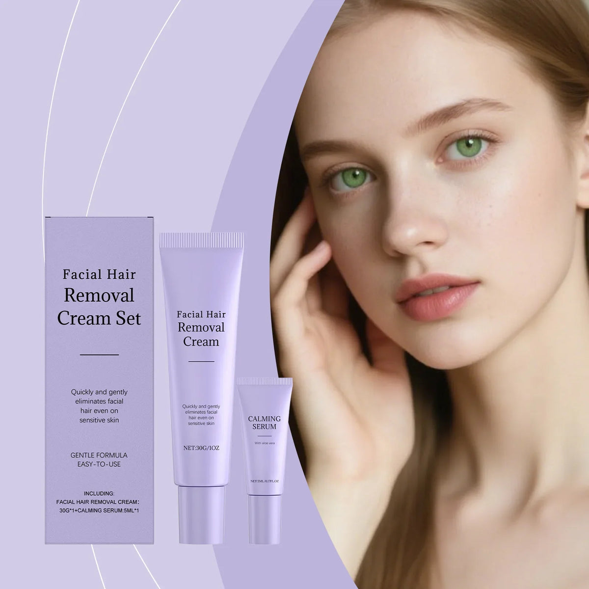 Painless Facial Hair Removal Cream & Calming Serum Kit