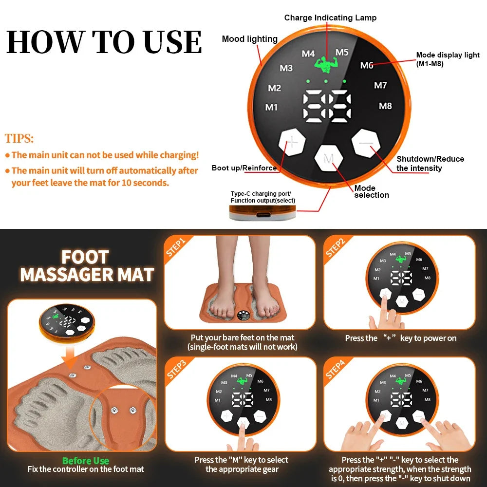 3D EMS Foot Massager Pad | 8 Modes 29 Levels RF Remote
