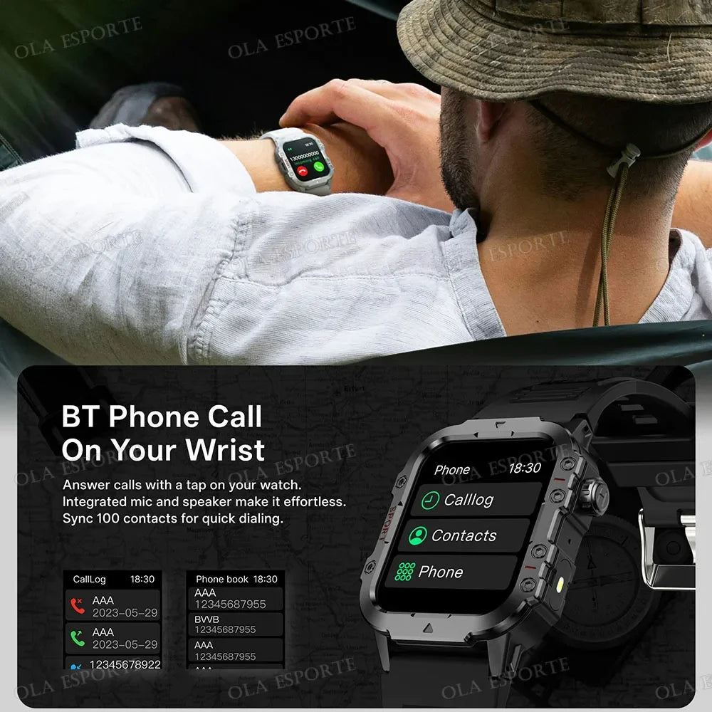 Military-Style Smart Watch | Bluetooth Call, Heart Rate, Flashlight