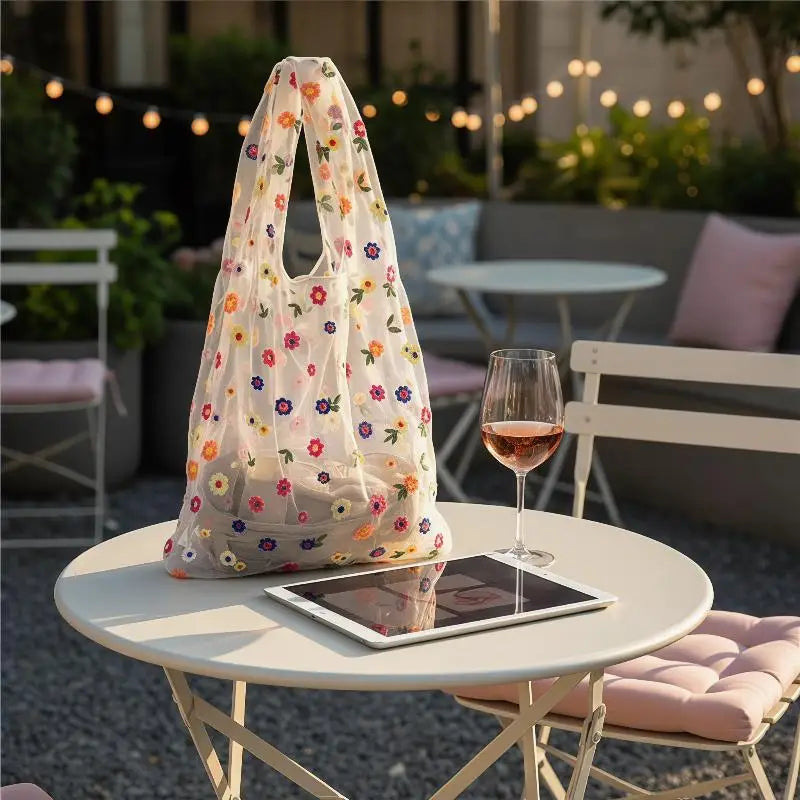 Mesh Embroidered Floral Tote Bag | Travel & Shopping Bag
