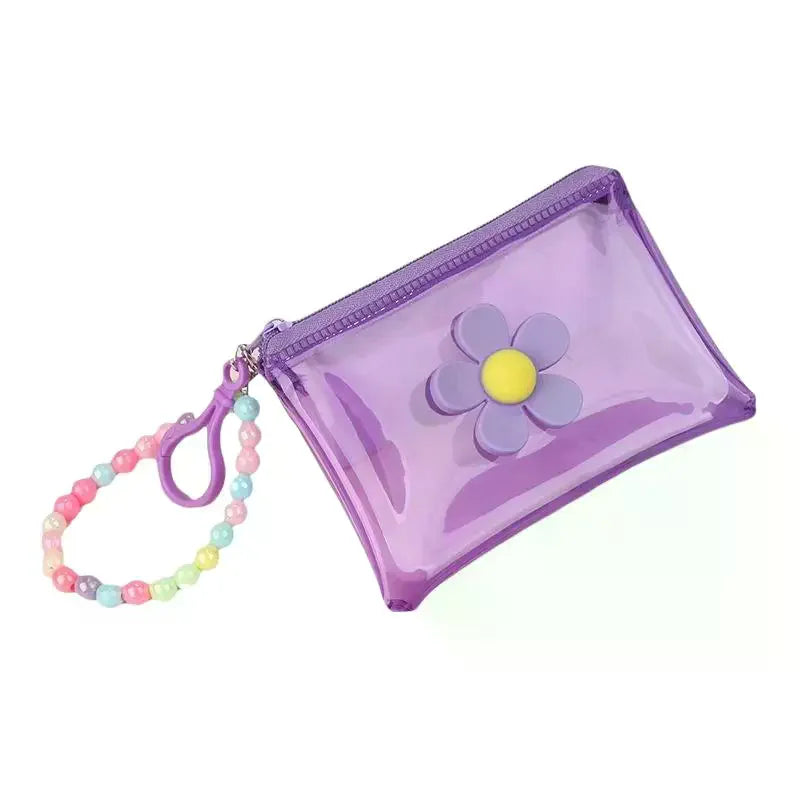 Flower Bead Chain Coin Purse – Clear PVC Zipper Mini Wallet