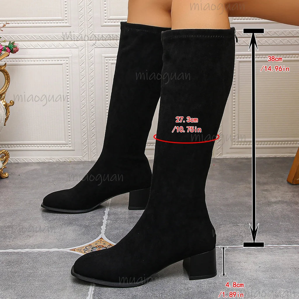 Women's Faux Suede Knee High Boots – Square Heel & Back Zip
