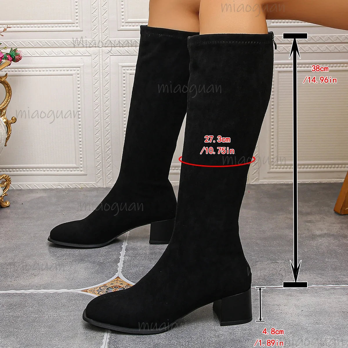 Women's Faux Suede Knee High Boots – Square Heel & Back Zip