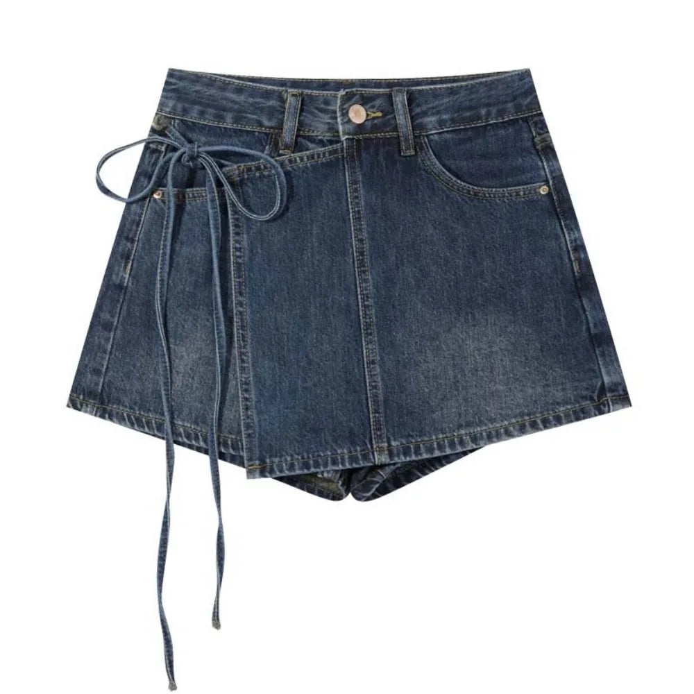 Y2K High Waist Denim A-Line Skirt – Lace-Up Wide Leg Blue Jean