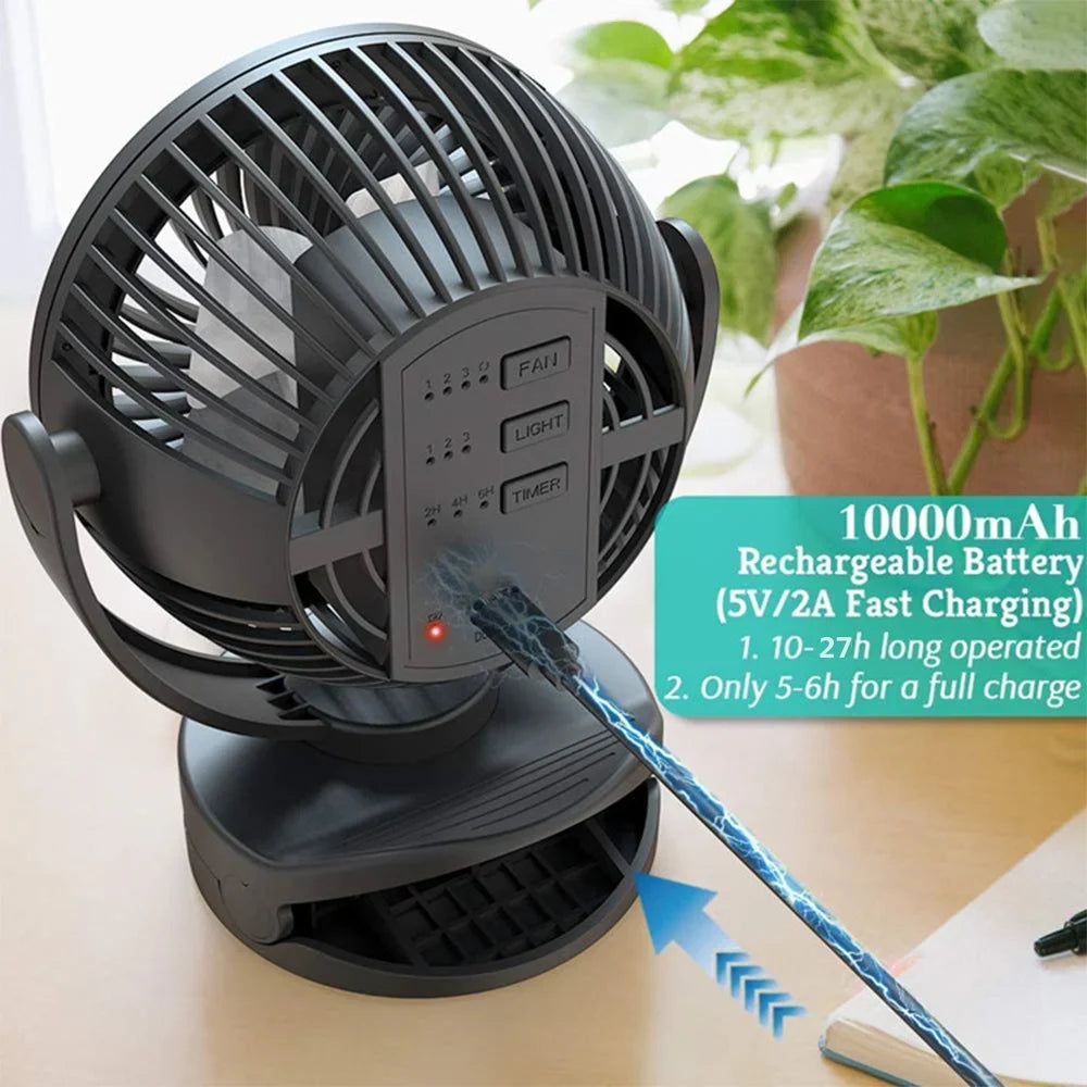 9000mAh Clip Fan with LED Lamp – Rechargeable Portable Fan