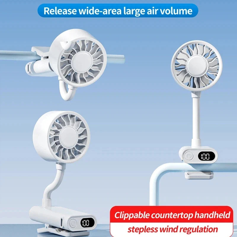 Portable Clip Fan – 360° Flexible Hose USB Rechargeable 5-Speed