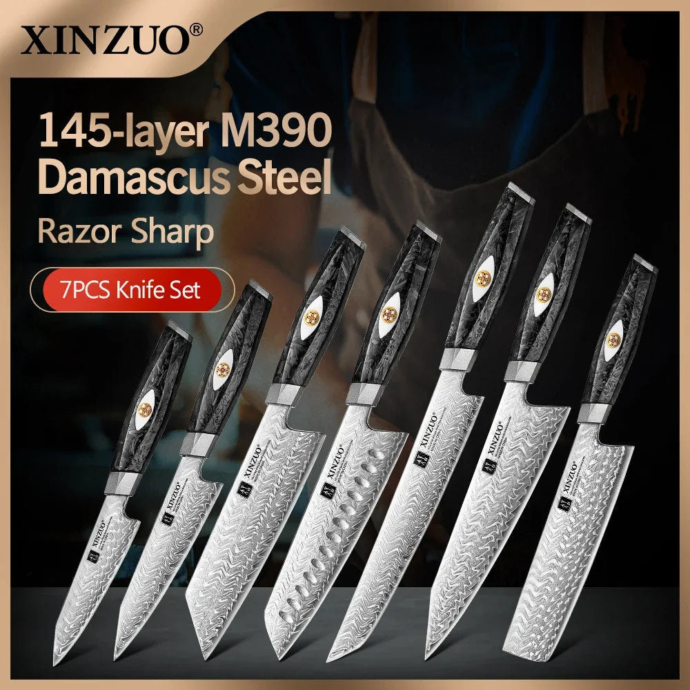 XINZUO Damascus Knife Set 2–7 PC | 145-Layer M390 Steel & Carbon Fiber