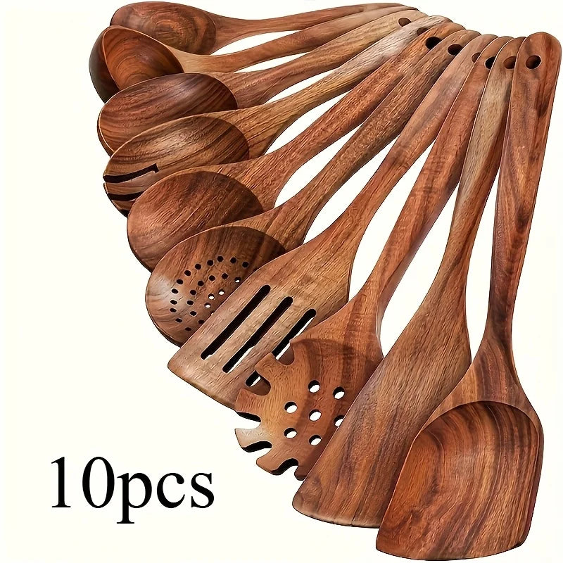 KEMORELA 10-Pc Natural Wooden Spoon & Ladle Cooking Set