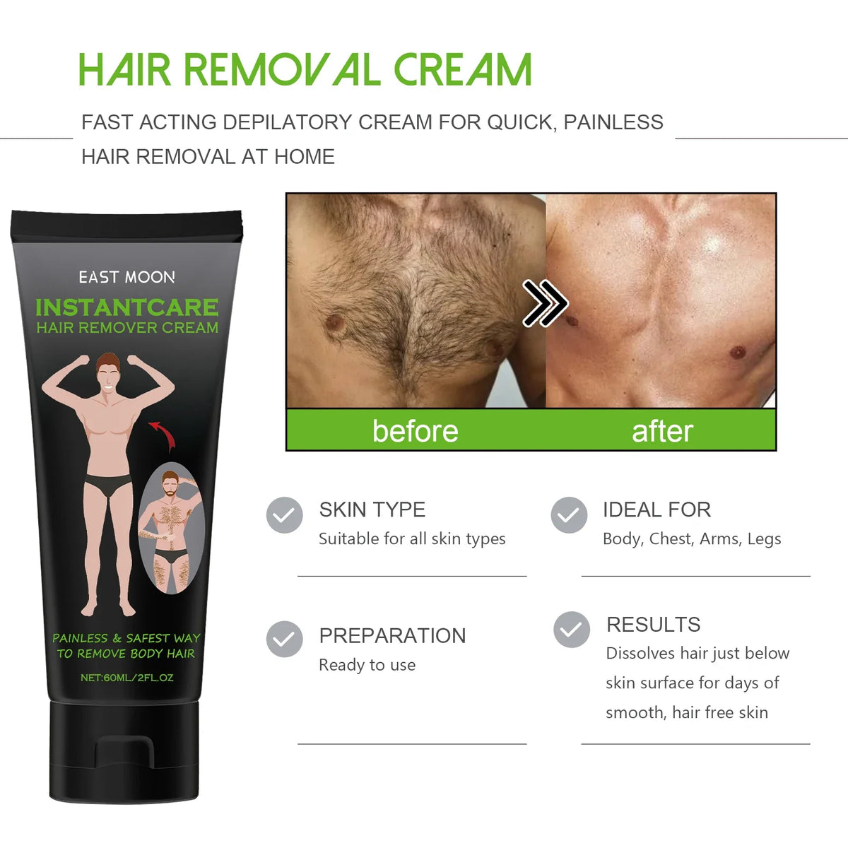 East Moon Men's Hair Removal Cream – Body & Beard 60ml