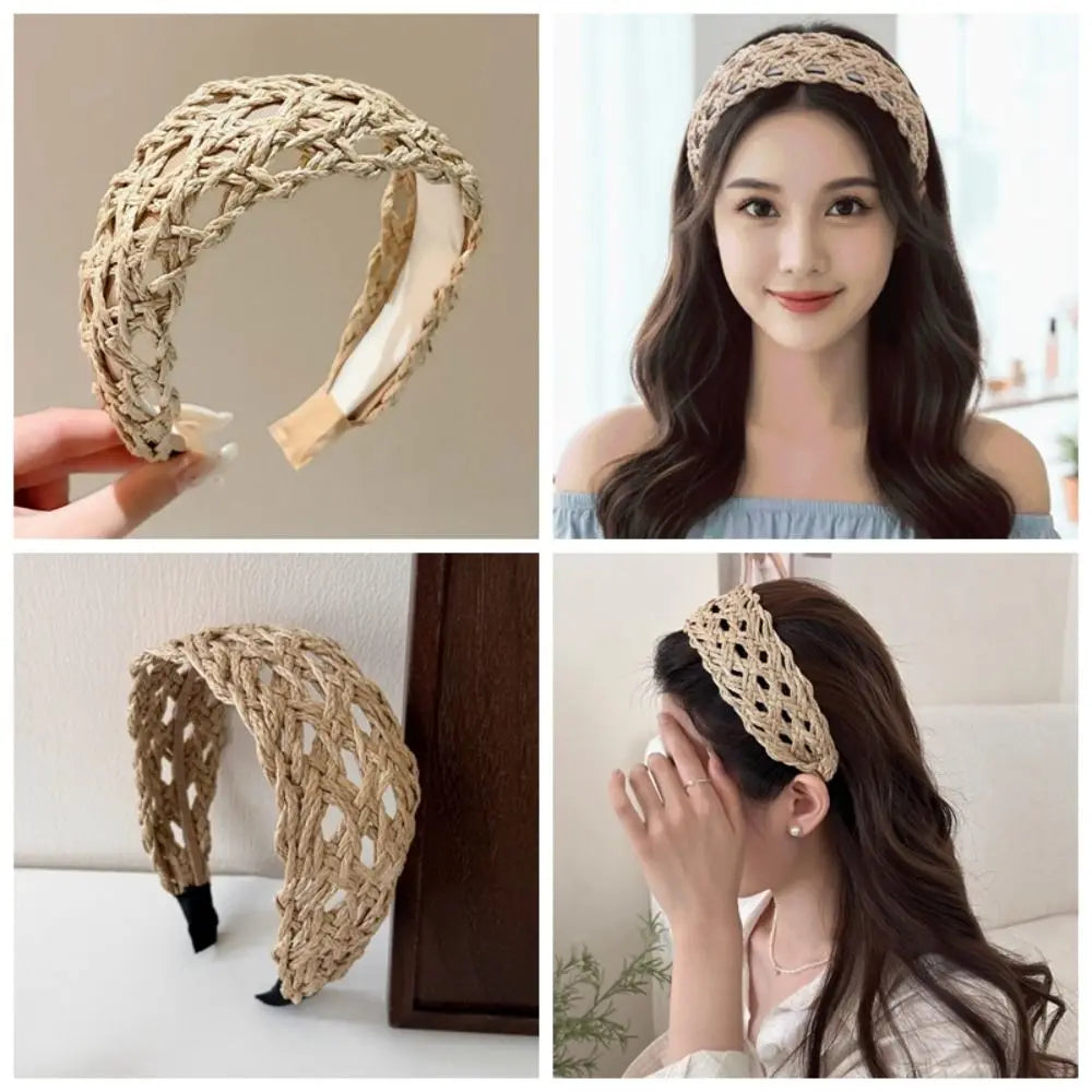 Hollow-Out Woven Straw Headband – Wide Hair Hoop for Women