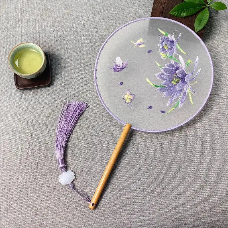 Su Embroidery Silk Round Hand Fan – Wooden Handle & Tassel