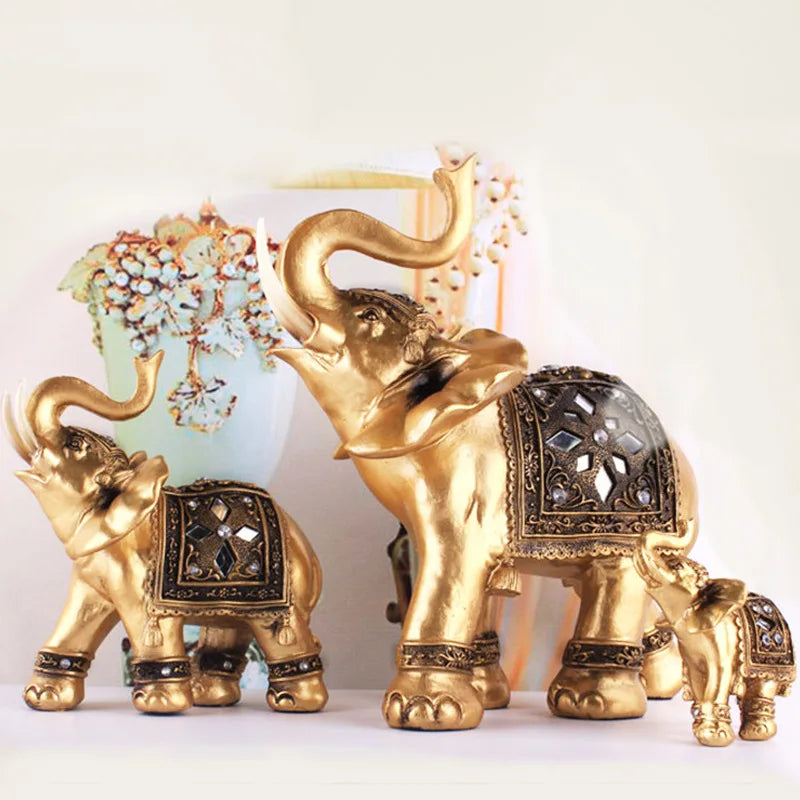 Golden Resin Elephant Statue – Feng Shui Lucky Figurine Decor