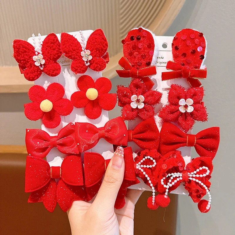 8-Piece Girls Red Bow Hair Clips – Handmade Ribbon Barrettes