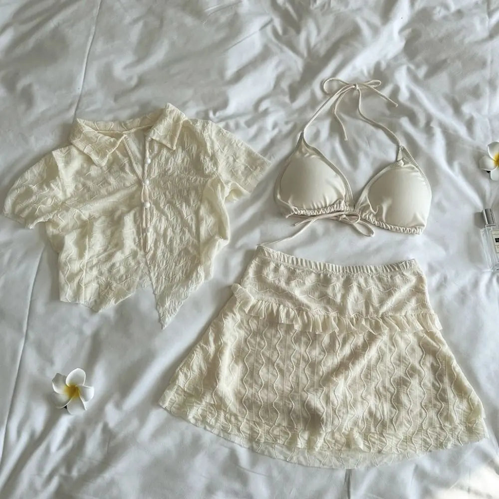 3-Piece Ruffle Bikini Set – Hollow Out Short Sleeve Swimwear