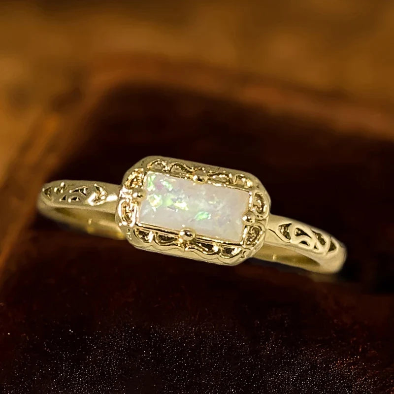 Huitan Vintage Imitation Opal Rectangular Ring for Women