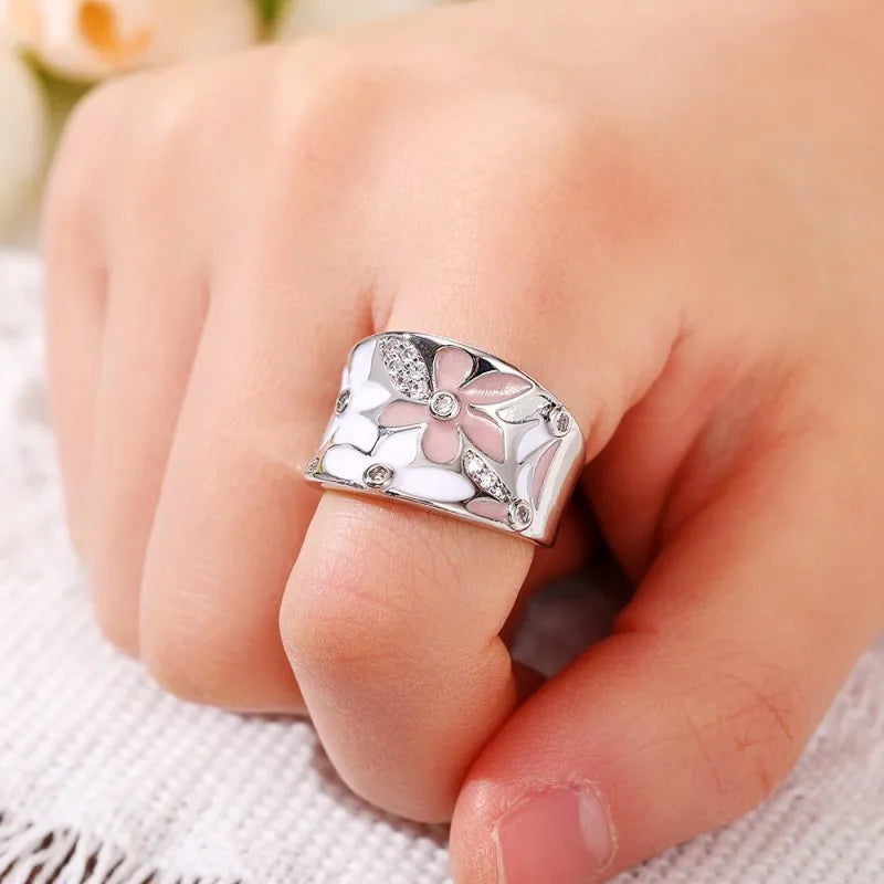 Huitan Enamel Flower Ring for Women | CZ Floral Fashion Ring