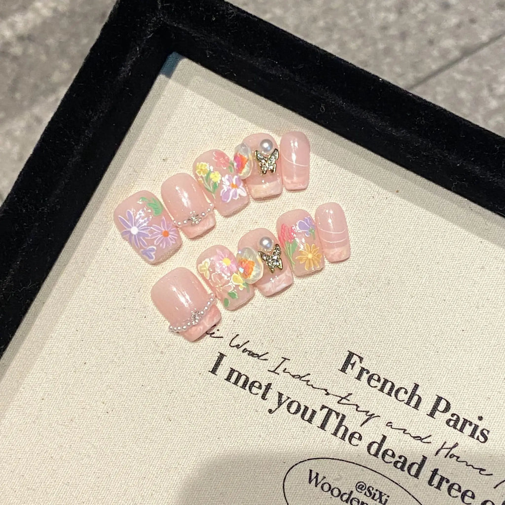 Handmade Press-On Nails Short Pink French Flowers | 10pcs Set